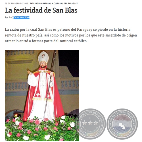 La festividad de San Blas - PATRIMONIO NATURAL Y CULTURAL DEL PARAGUAY - Por PROF. CARLOS VERA ABED - Martes, 05 de Febrero de 2013